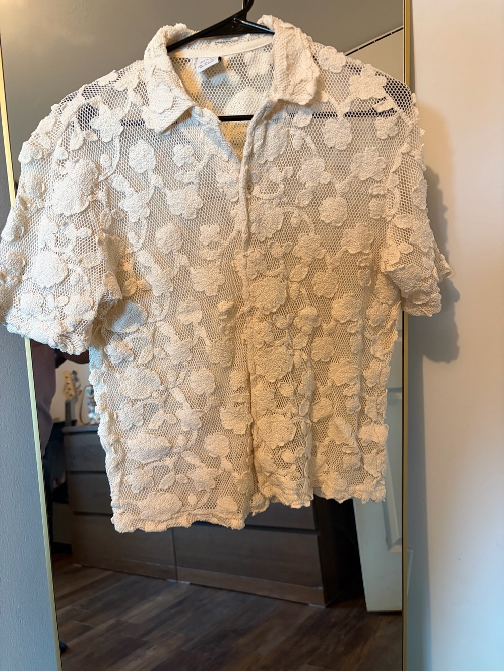 Zara Cream Floral Lace Short Sleeve Polo Top